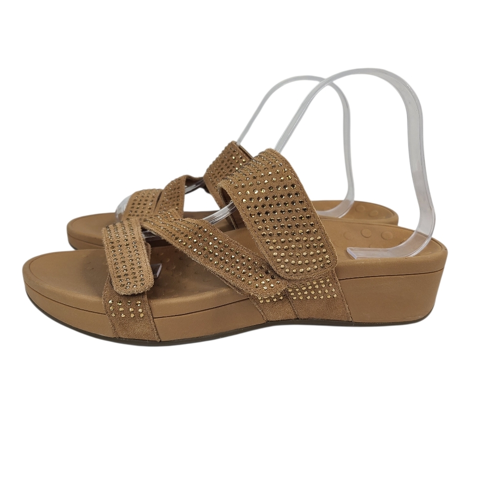 Vionic Alexis Tan Suede & Rhinestone Wedge Comfort Sandals Size 10